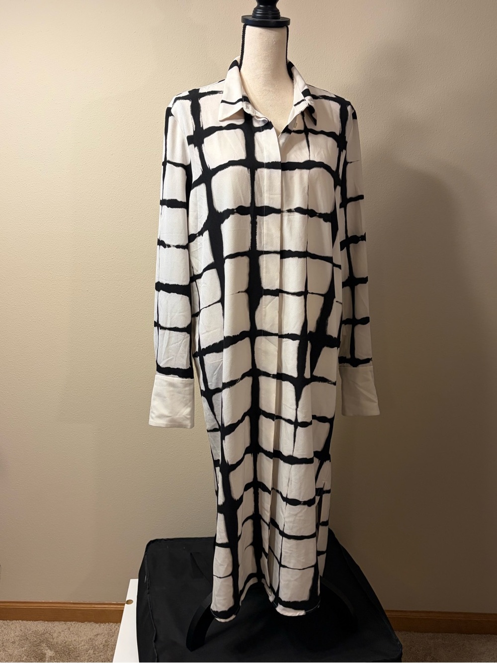 Adam Lippes Black and White Grid Long Sleeve Shirt Dress